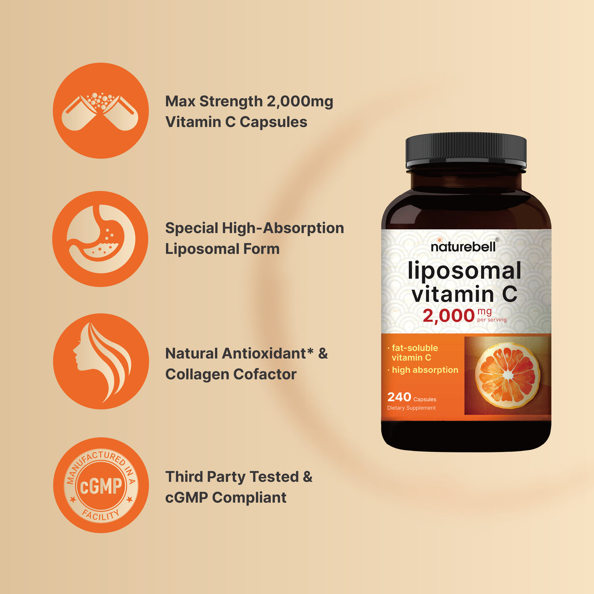 Liposomal Vitamin C 2,000mg Per Serving, 240 Capsules NatureBell Liposomal Vitamin C 2,000mg Per Serving, 240 Capsules NatureBell