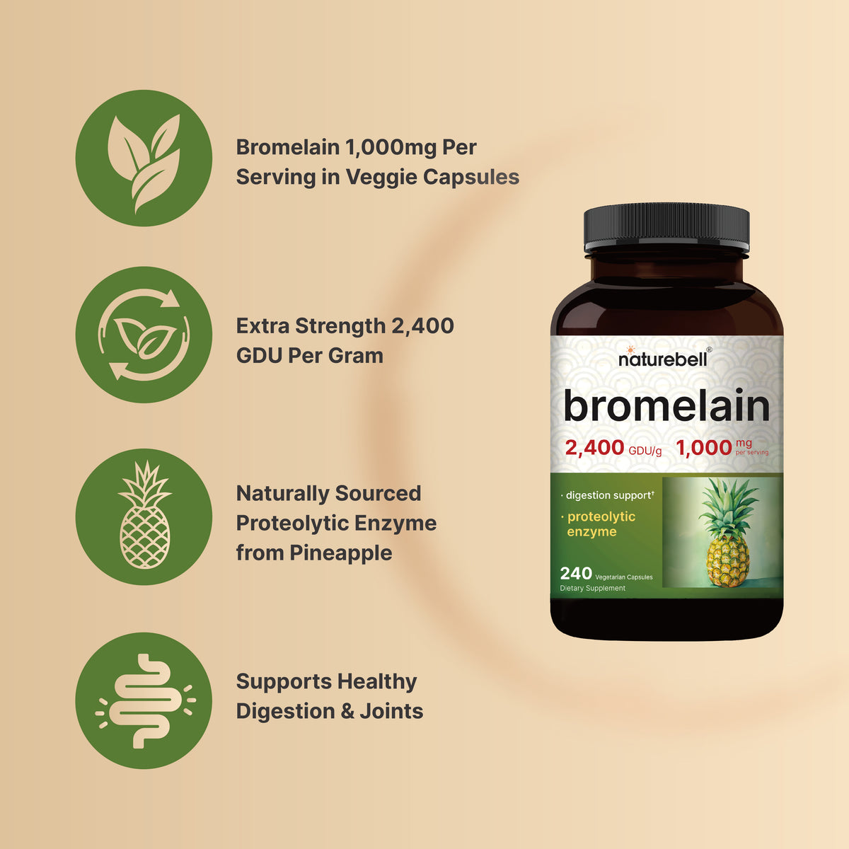 Bromelain, 1,000mg Per Serving, 240 Veggie Capsules NatureBell