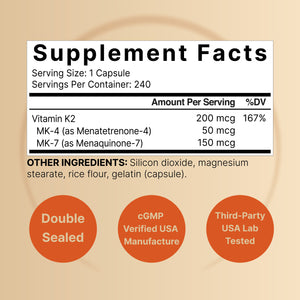 Vitamin K2 Supplement with MK-7 & MK-4, 200 mcg, 240 Capsules