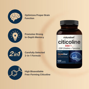 Citicoline Supplements, Citicoline 500mg Plus Tyrosine 50mg Per Serving, 120 Capsules