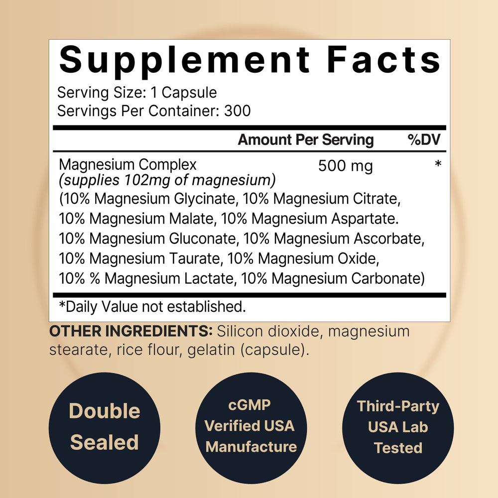 Magnesium Complex Supplement 500mg, 300 Capsules