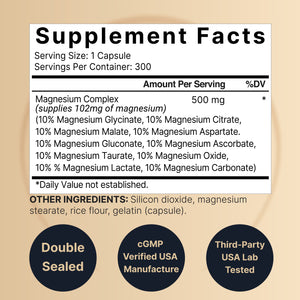 Magnesium Complex Supplement 500mg, 300 Capsules