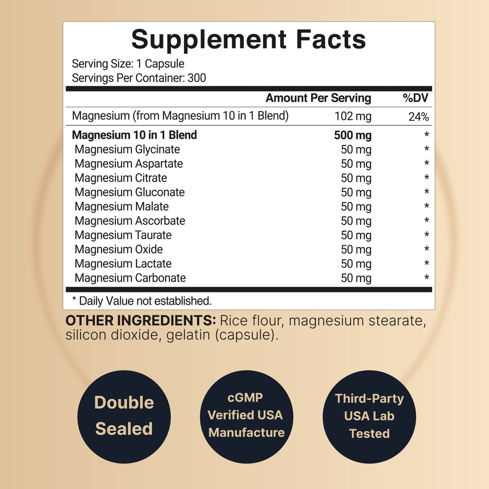 Magnesium Complex Supplement 500mg, 300 Capsules