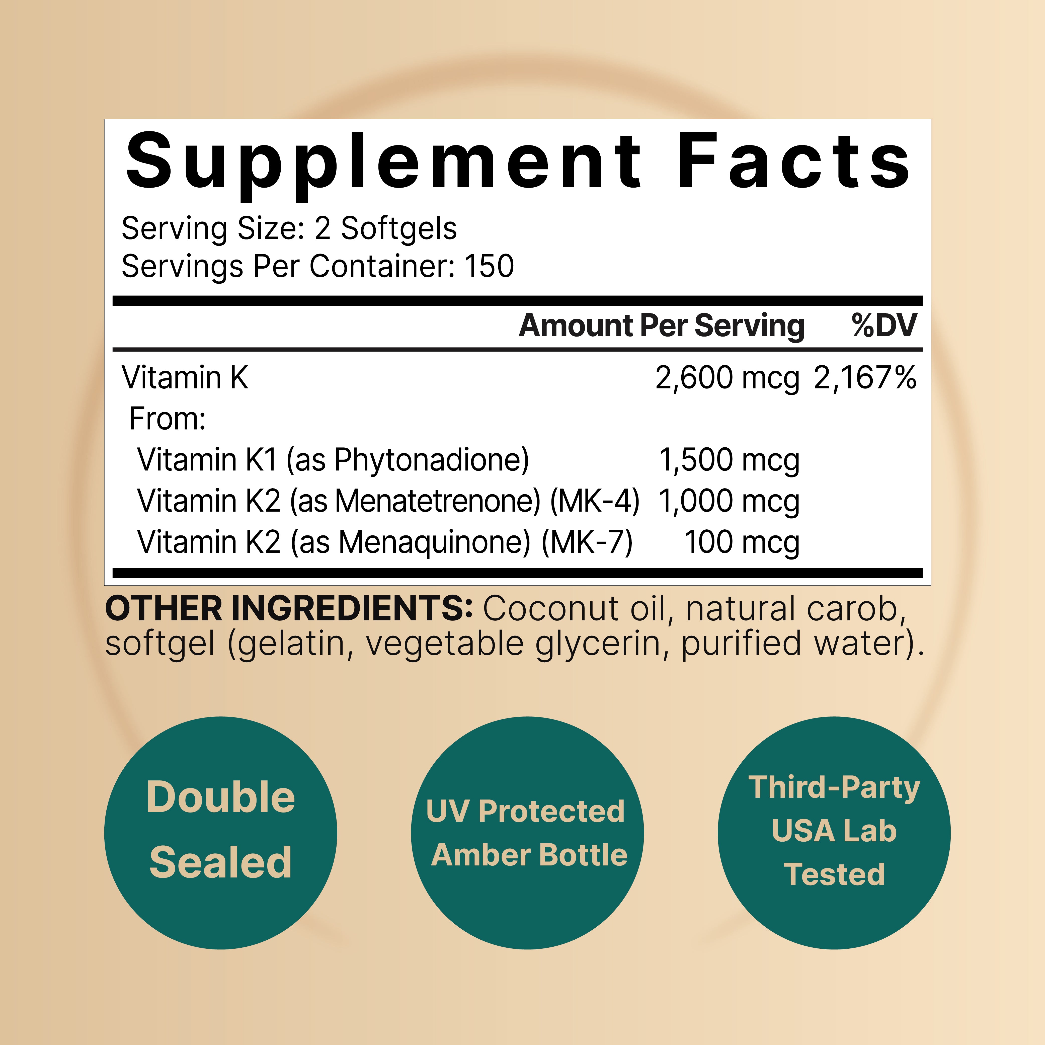 Vitamin K Complex (K1 + K2 as MK4 & MK7) 2,600mcg Per Serving, 300 C