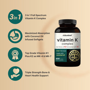 Vitamin K Complex (K1 + K2 as MK-4 & MK-7) 2,600mcg Per Serving, 300 Coconut Oil Softgels