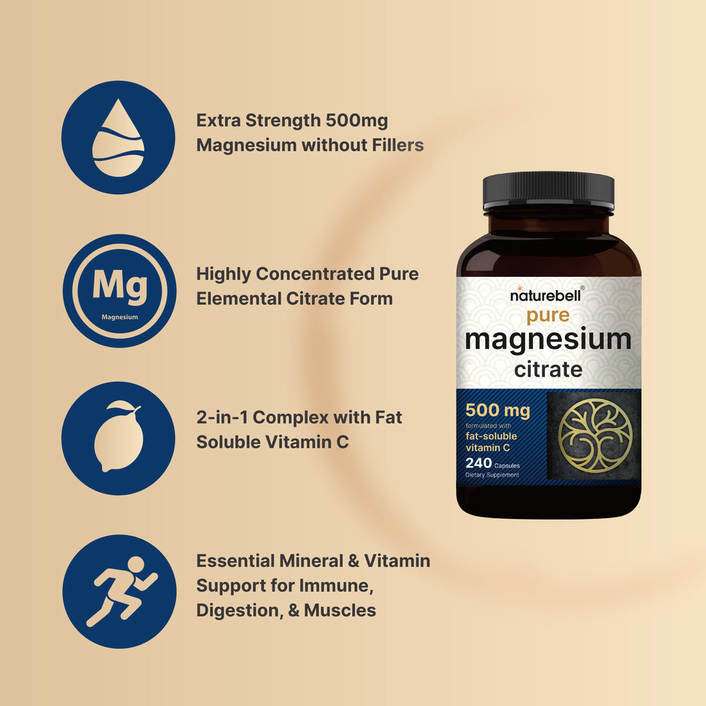 Magnesium Citrate 500mg, 240 Capsules, 2-in-1 with Fat Soluble Vitamin C