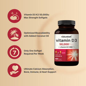 Vitamin D3 50,000 iu with K2 200 mcg, 180 Coconut Oil Softgels