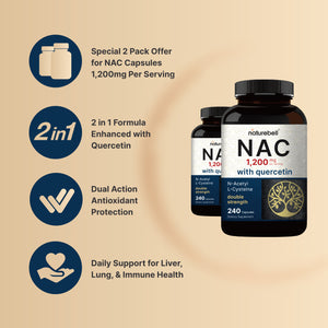 2 Pack NAC Supplement (N-Acetyl Cysteine) with Quercetin, 1,200mg Per Serving, 480 Capsules