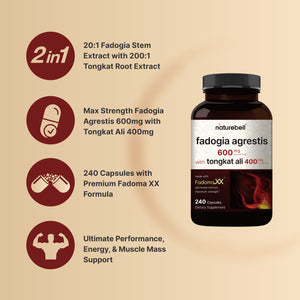 Fadogia Agrestis 600mg Complexed with Tongkat Ali 400mg, 240 Capsules