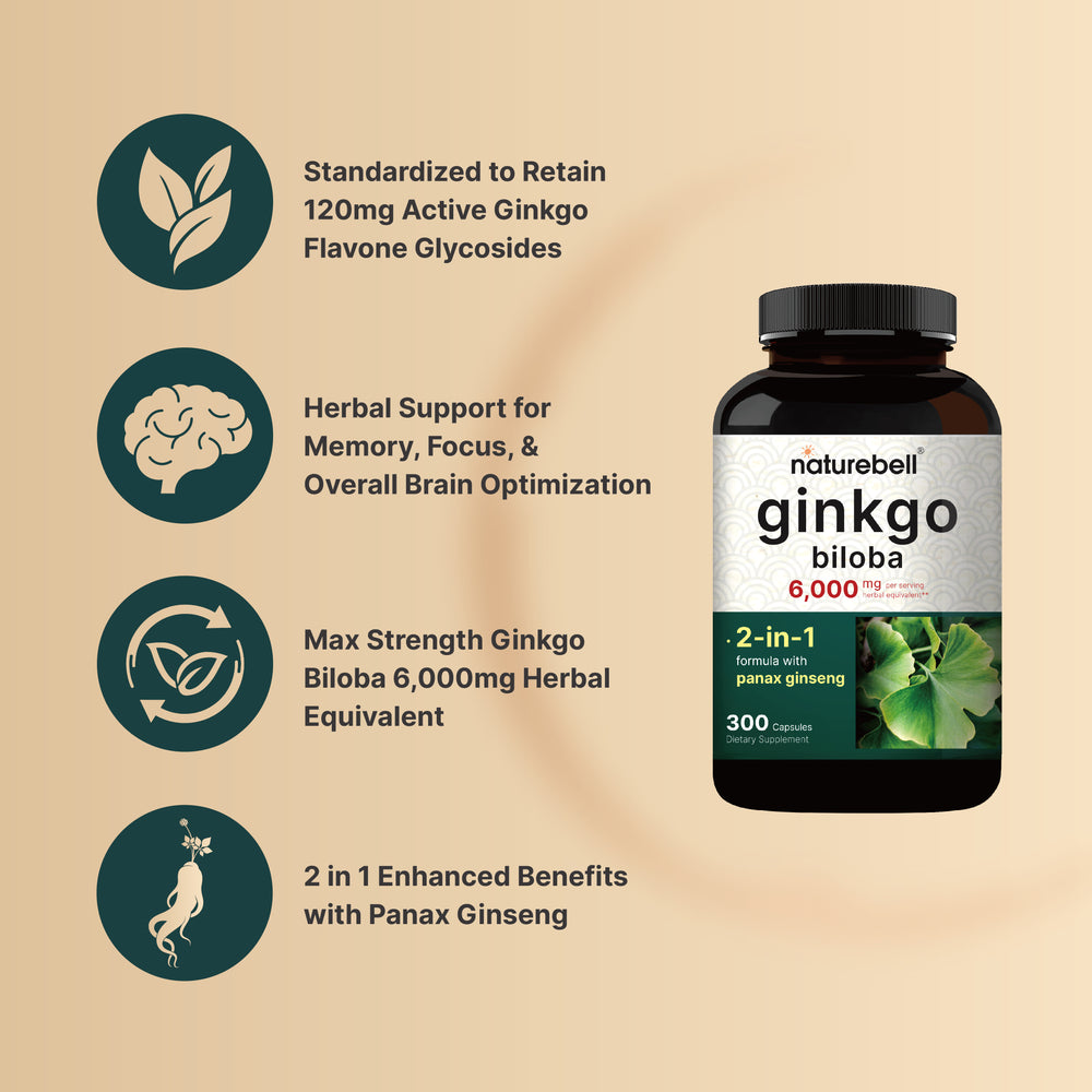 Naturebell Ginkgo Biloba 6,000mg with Panax Ginseng 500mg Per Serving | 300 Capsules