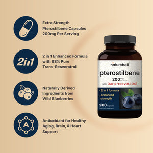 Pterostilbene with 98% Trans-Resveratrol, 200mg Per Serving, 200 Capsules