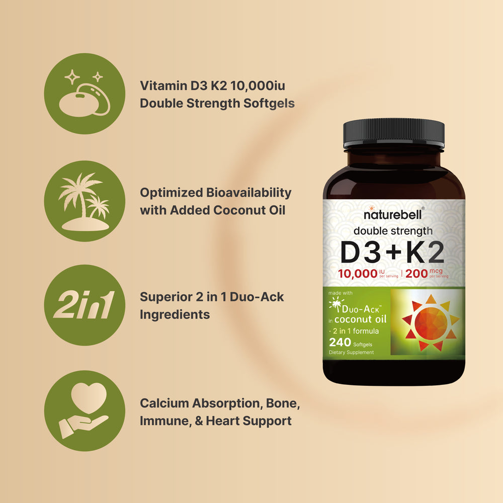 Vitamin D3 K2 (10,000 IU Vitamin D + 200mcg Vitamin K MK-7) 240 Softgels