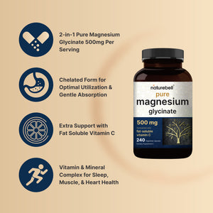 Pure Magnesium Glycinate 500mg with Fat Soluble Vitamin C, Veggie Capsules
