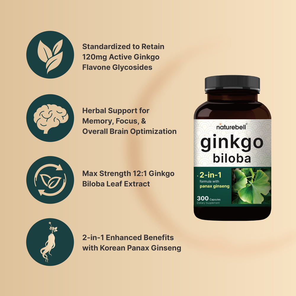 NatureBell Ginkgo Biloba 6,000mg with Panax Ginseng 50mg Per Serving | 300 Capsules