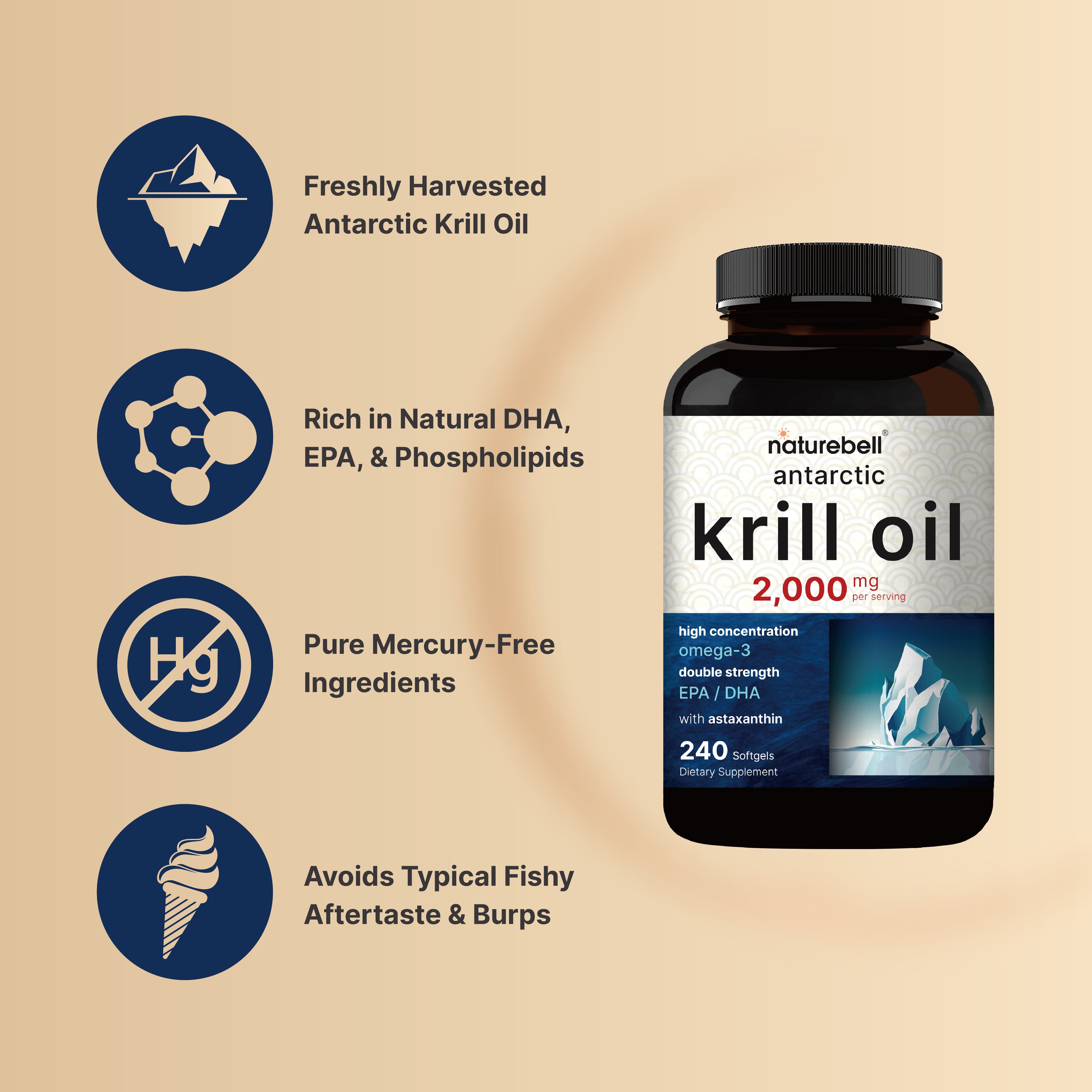 Antarctic Krill Oil 2000mg Supplement, 240 Softgels NatureBell
