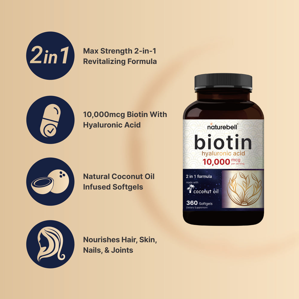 Biotin 10000mcg + Hyaluronic Acid 25mg | 360 Coconut Oil Softgels