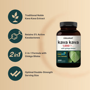 Kava Kava Capsules 1000mg with Ginkgo Biloba, 200 Count