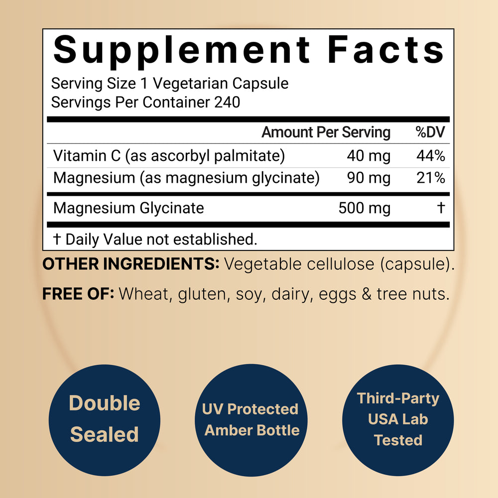 Pure Magnesium Glycinate 500mg with Fat Soluble Vitamin C, Veggie Capsules