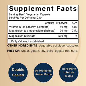 Pure Magnesium Glycinate 500mg with Fat Soluble Vitamin C, Veggie Capsules
