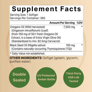 Oregano Oil with Black Seed Oil 7,500mg, 360 Softgel