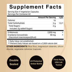 NatureBell D-Mannose 500mg Capsules (2,000mg Per Serving), 240 Veggie Capsules
