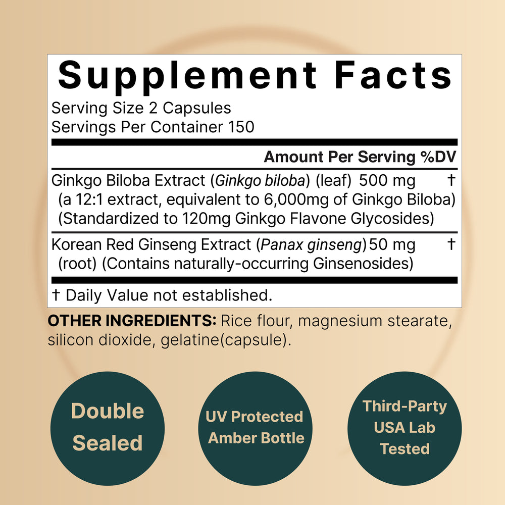 NatureBell Ginkgo Biloba 6,000mg with Panax Ginseng 50mg Per Serving | 300 Capsules