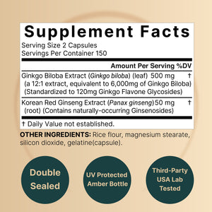 NatureBell Ginkgo Biloba 6,000mg with Panax Ginseng 50mg Per Serving | 300 Capsules