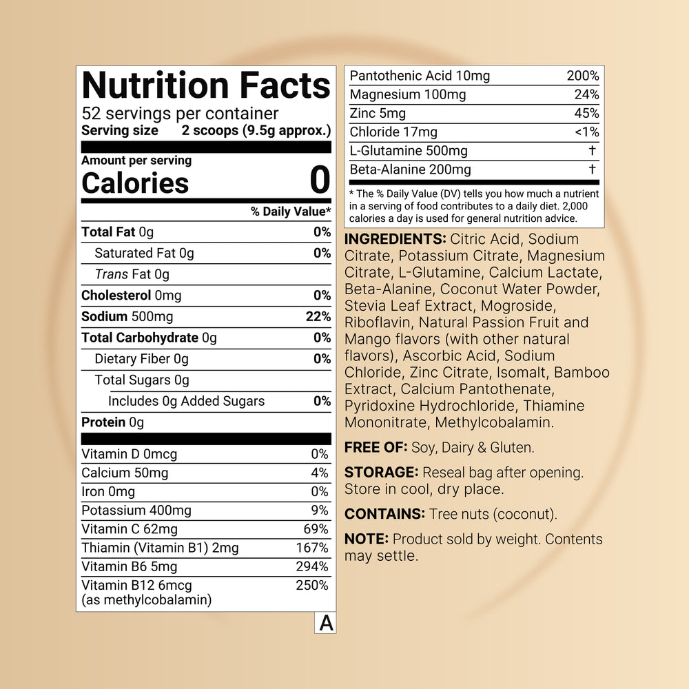 Sport Electrolytes Powder No Sugar, 500g (52 Servings) – Passion Fruit & Mango Flavor