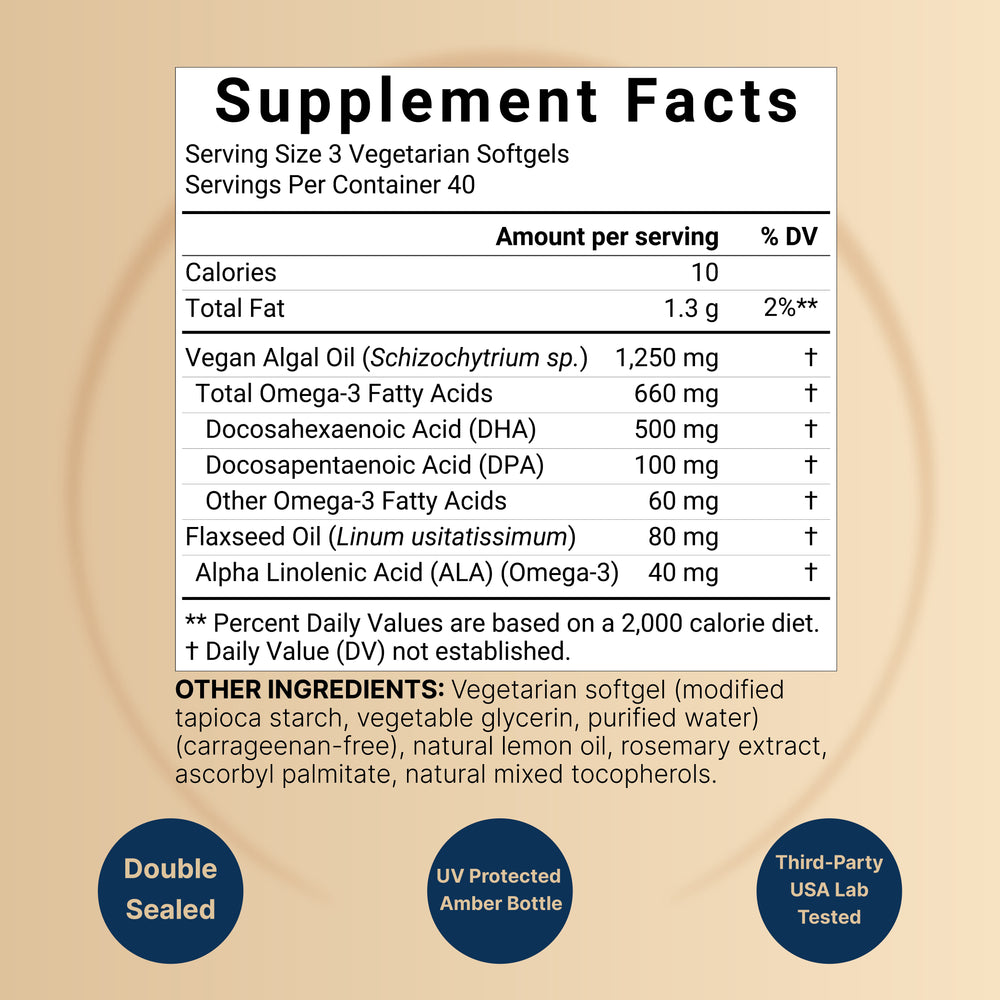 Vegan Omega 3 Algae Oil Supplement 1,250 mg Per Serving 120 Veggie Softgels