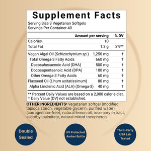 Vegan Omega 3 Algae Oil Supplement 1,250 mg Per Serving 120 Veggie Softgels