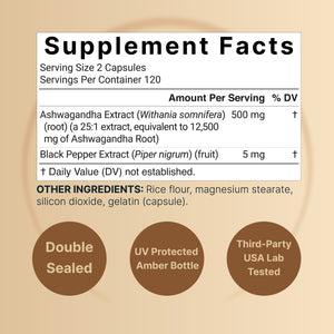 Ashwagandha 12,500 mg Equivalent with Black Pepper, 240 Capsules
