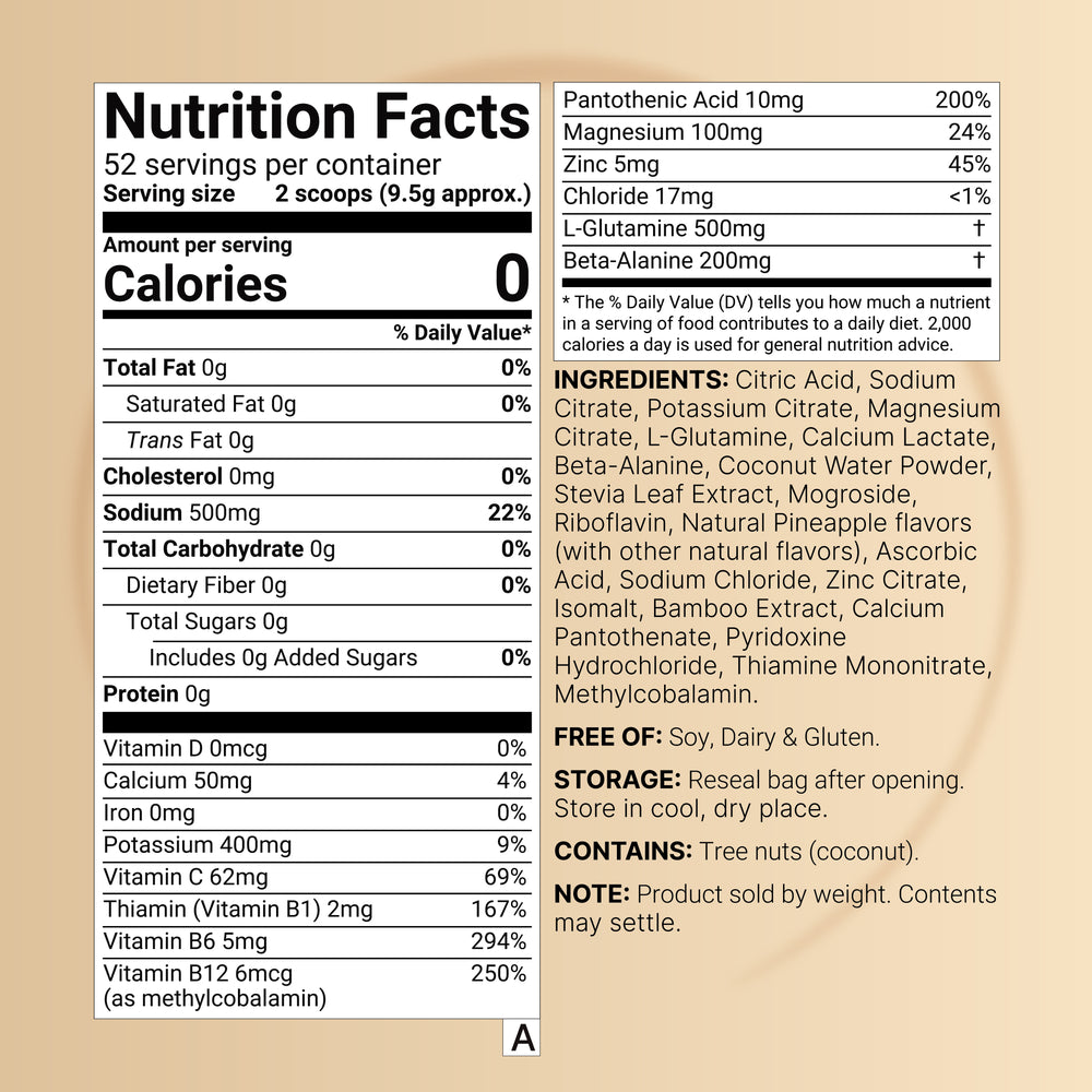 Sport Electrolytes Powder No Sugar, 500g (52 Servings) – Tropical Pineapple Flavor