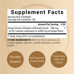 Ginger Root with MCT Oil – 6,000mg Equivalent – 300 Softgels