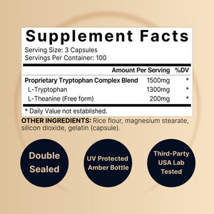 L Tryptophan 1300mg with L Theanine 200mg, 300 Capsules