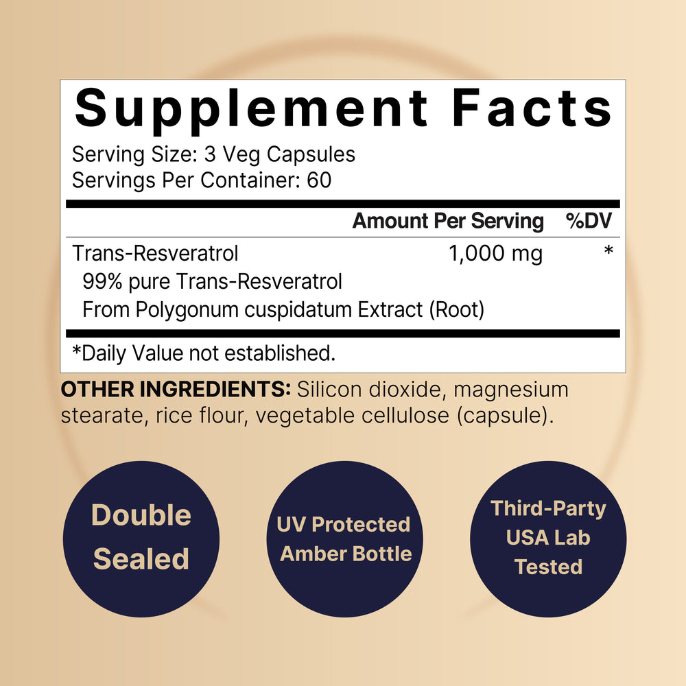 Trans Resveratrol Supplement, 1,000mg Per Serving, 180 Veggie Capsules