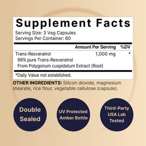 Trans Resveratrol Supplement, 1,000mg Per Serving, 180 Veggie Capsules