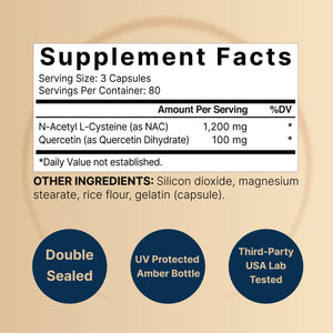 NAC Supplement (N-Acetyl Cysteine) with Quercetin, 1,200mg Per Serving, 240 Capsules