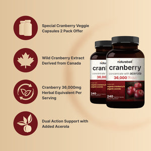 2 Pack Cranberry Pills 36,000mg with Acerola, 240 Veggie Capsules