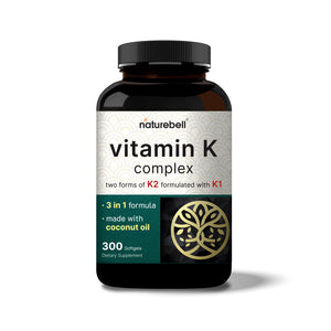 Vitamin K Complex (K1 + K2 as MK-4 & MK-7) 2,600mcg Per Serving, 300 Coconut Oil Softgels