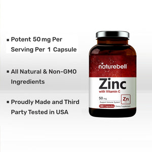 Zinc 50mg with Vitamin C, 180 Capsules
