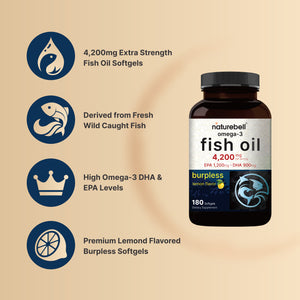 Omega 3 Fish Oil 4,200mg, 180 Burpless Softgels